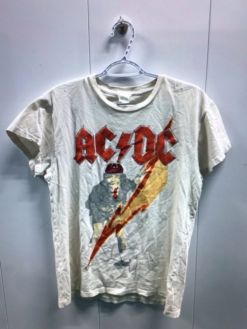 MadeWorn AC/DC Graphic Tee in Off-White with Red and Yellow Lightning